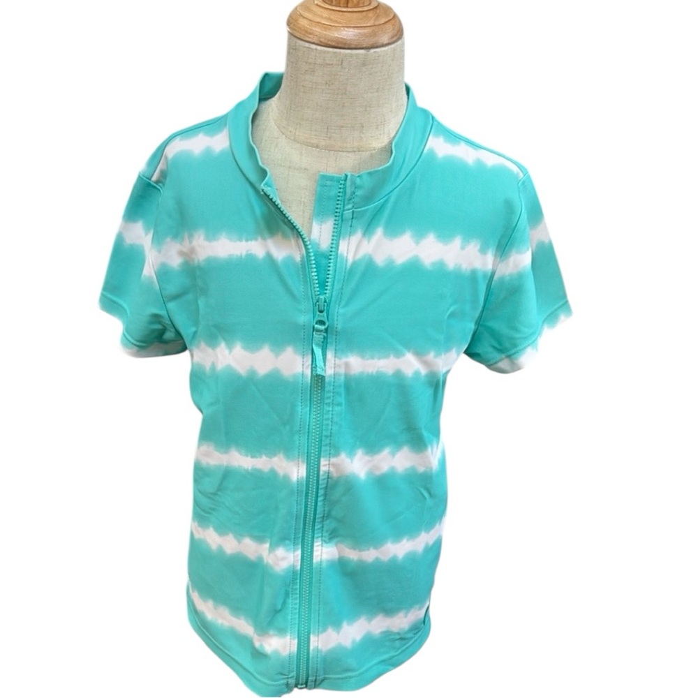 🏊‍♀️ GAP Kids Aqua & White Tie Dye Short Sleeve Zip Up Swim Rashguard XL/12 Girl